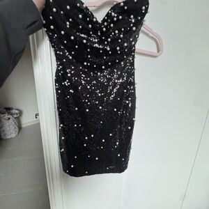 Elegant Black Sequin Dress with Pearl Accents